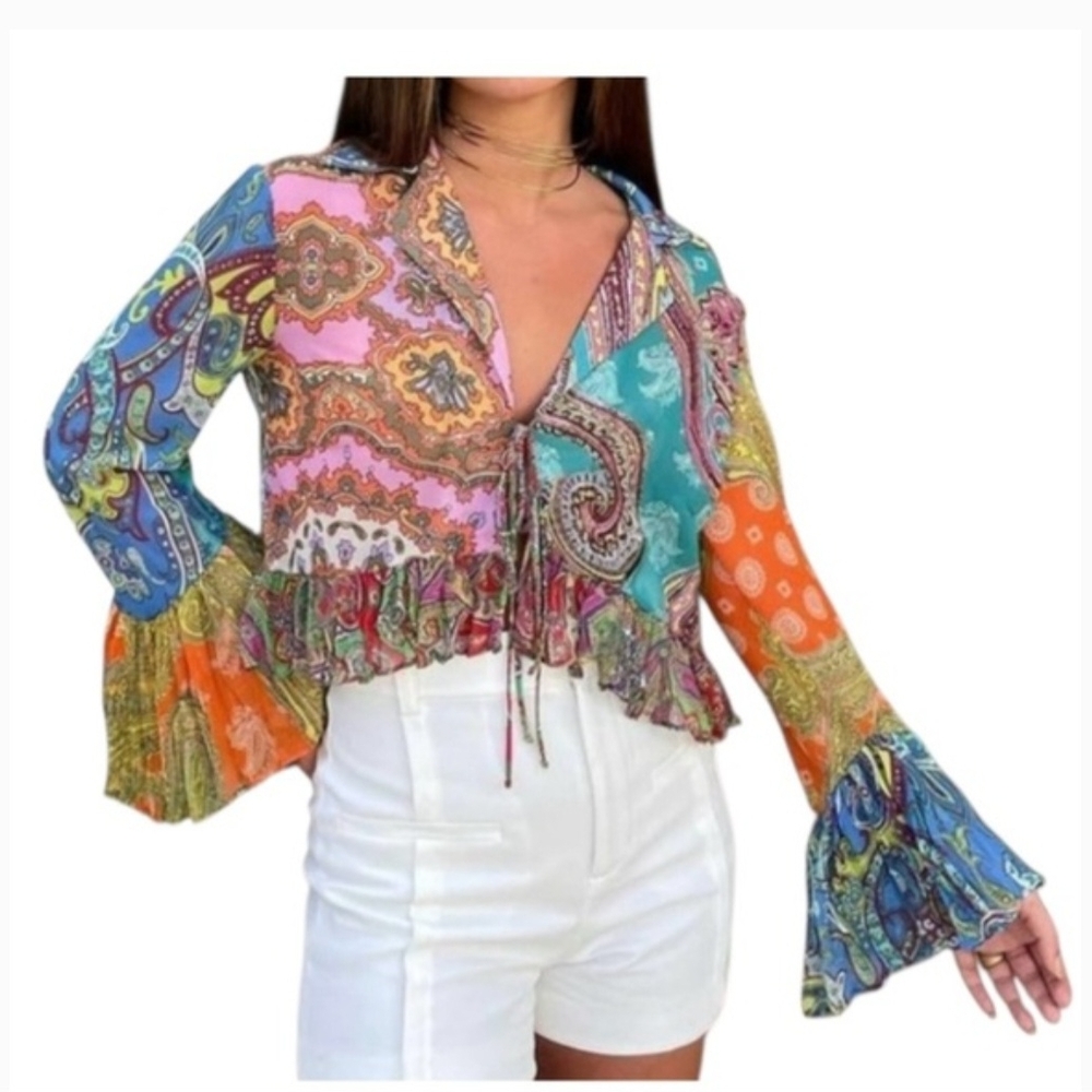 NWT Zara Multicolor Paisley Patchwork Ruffle Top Blogger Fav - Picture 7 of 9
